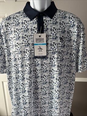Original Penguin White Polo with Navy Graphic Print